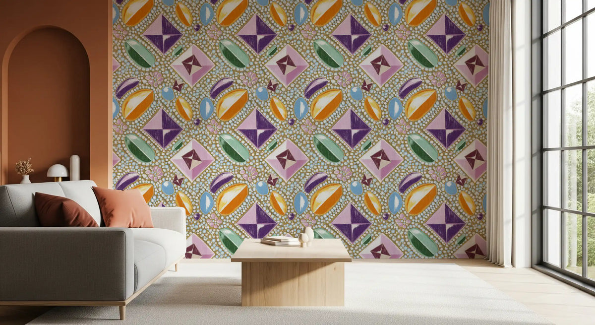 Colourful gemstone abstract wallpaper in a modern living room GD12449