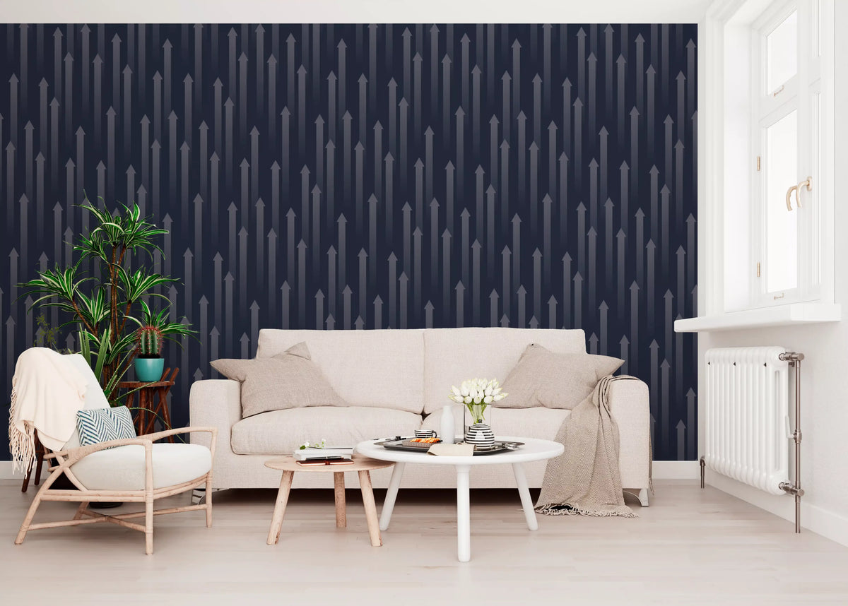 Navy geometric arrow wallpaper in a living room with a cream sofa GD12453
