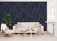 Navy geometric arrow wallpaper in a living room with a cream sofa GD12453