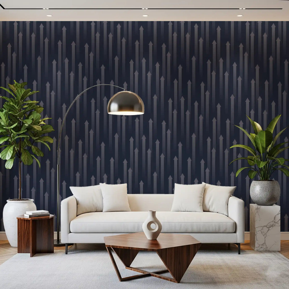 Navy blue arrow motif wallpaper on a cosy living room wall GD12453