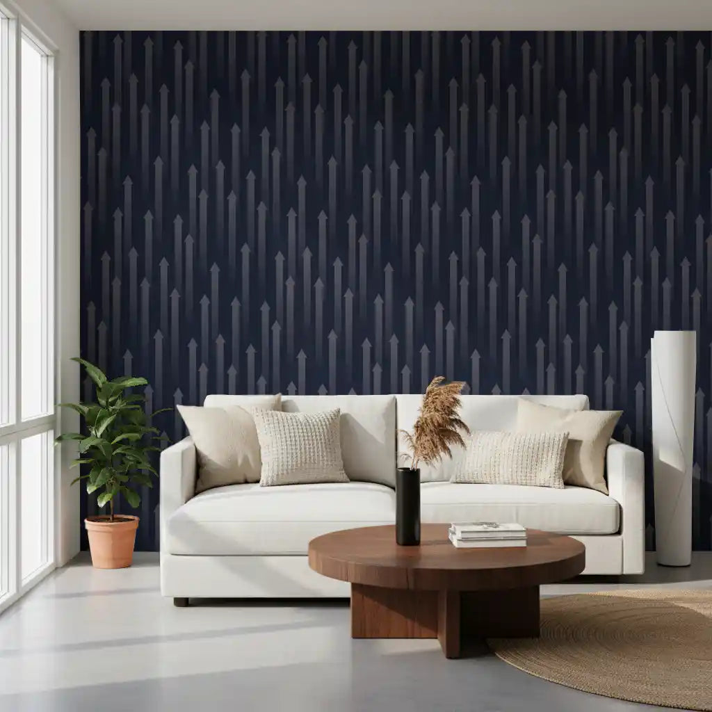 Dark blue arrow motif wallpaper behind a white sofa and plant GD12453