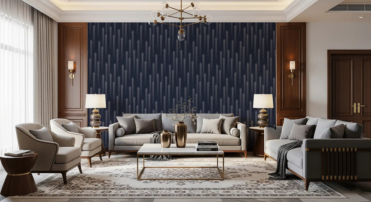 Deep blue geometric arrow wallpaper on a home office accent wall GD12453