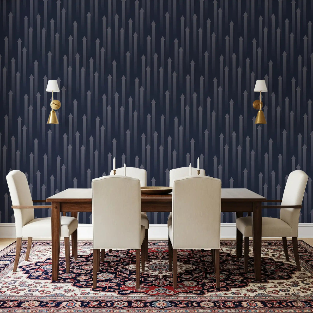 Navy arrow wallpaper in a modern living room with terracotta chairs GD12453