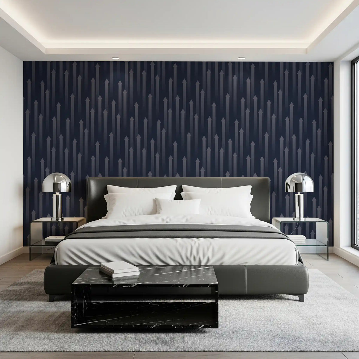 Deep blue ascending arrow wallpaper behind a dark bed in a bedroom GD12453