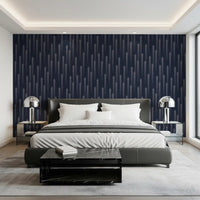 Deep blue ascending arrow wallpaper behind a dark bed in a bedroom GD12453
