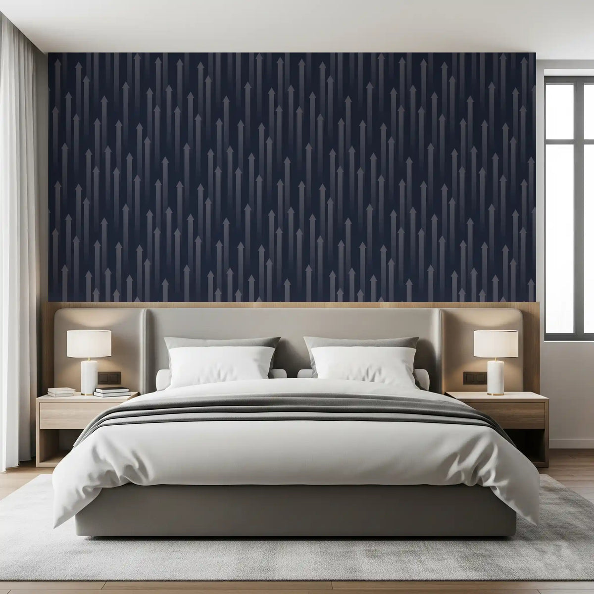Ascending arrow wallpaper behind an upholstered bed in a bedroom GD12453