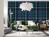 Navy tartan wallpaper in a living room with a rattan sofa and tropical cushions GD12454