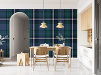 Navy green tartan wallpaper on a formal dining room feature wall GD12454