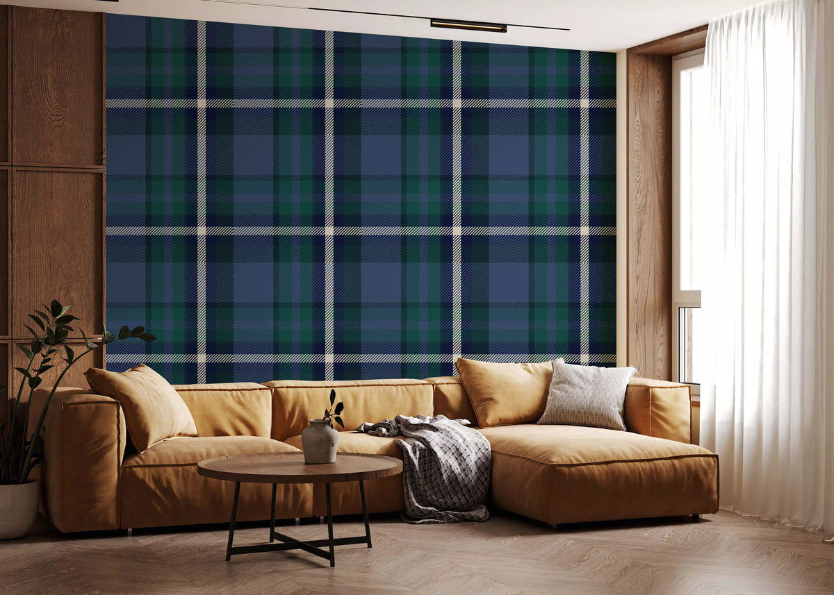 Green and navy tartan check wallpaper on a cosy living room wall GD12454