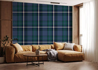 Green and navy tartan check wallpaper on a cosy living room wall GD12454