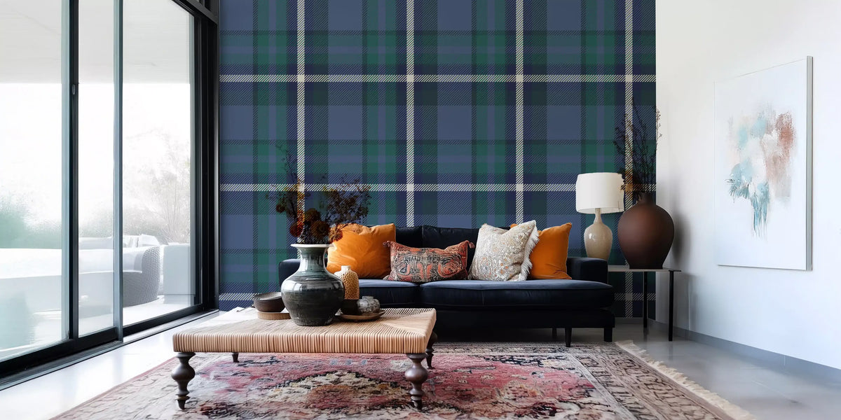 Heritage plaid wallpaper behind a tan sofa in a modern living room GD12454
