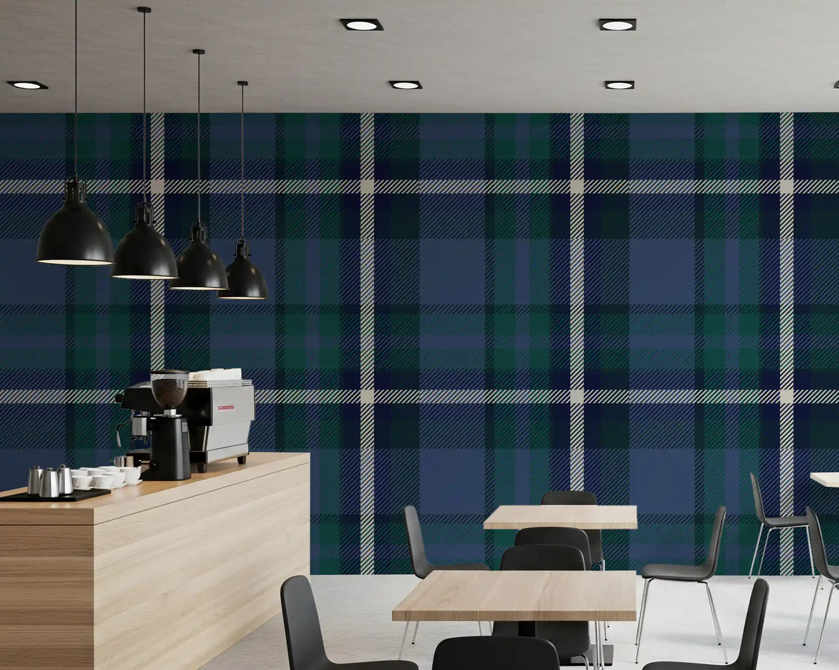 Heritage plaid wallpaper in a bright dining and kitchen space GD12454