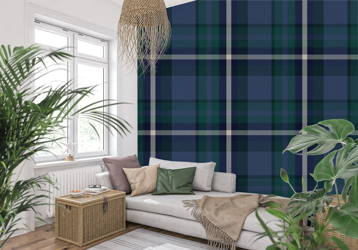 Navy and green tartan wallpaper in a living room with a white sofa and plants GD12454