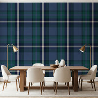 Tartan check wallpaper in a living room with a dark sofa and rug GD12454