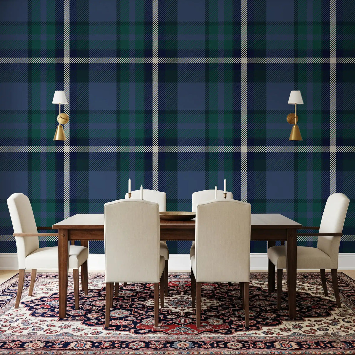 Tartan check wallpaper in a dining room with a wooden table GD12454
