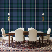 Tartan check wallpaper in a dining room with a wooden table GD12454