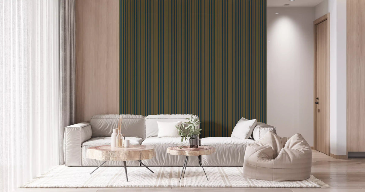 Olive brown striped wallpaper in a living room with a white sofa GD12455