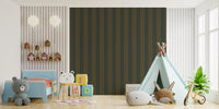 Olive striped wallpaper in a nursery with a teepee and soft toys GD12455