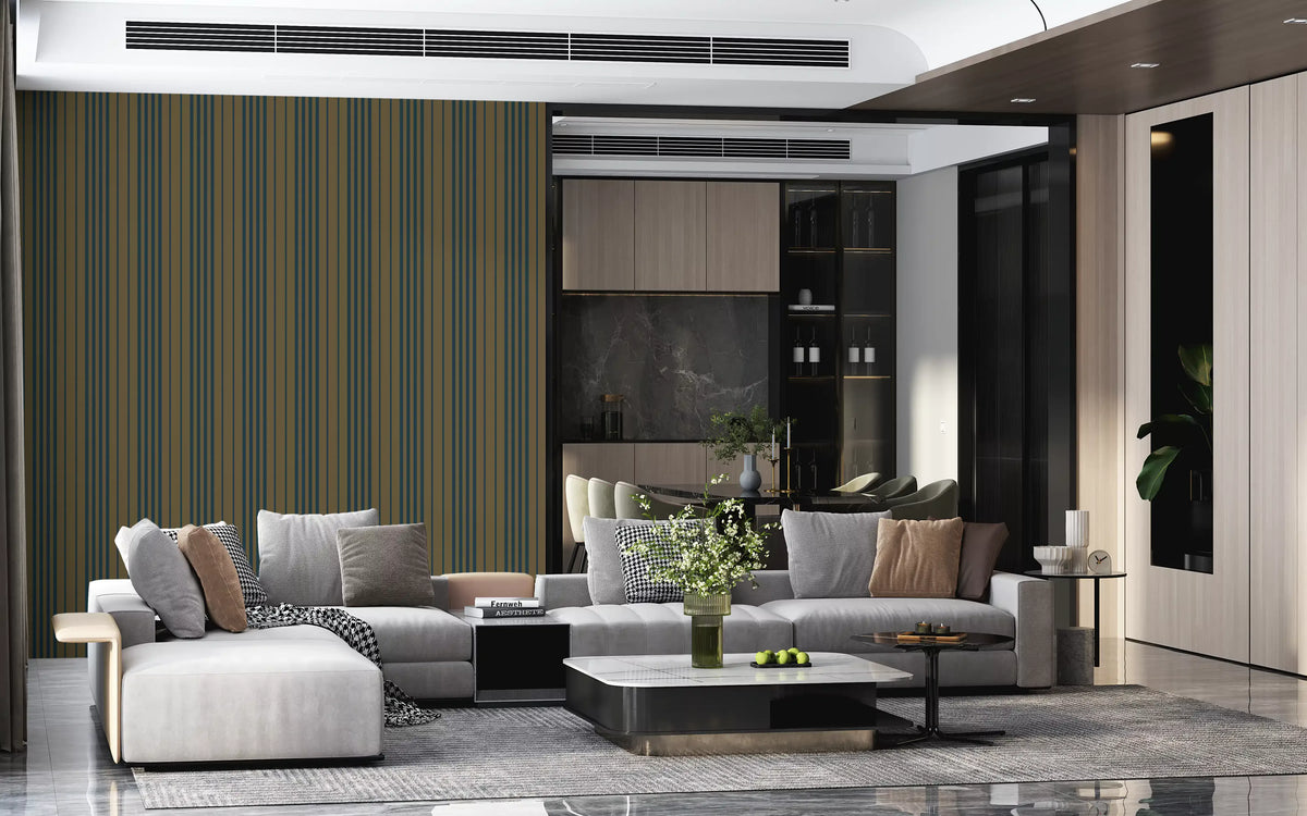 Vertical striped wallpaper in a modern living room with a grey sectional GD12455