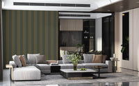 Vertical striped wallpaper in a modern living room with a grey sectional GD12455