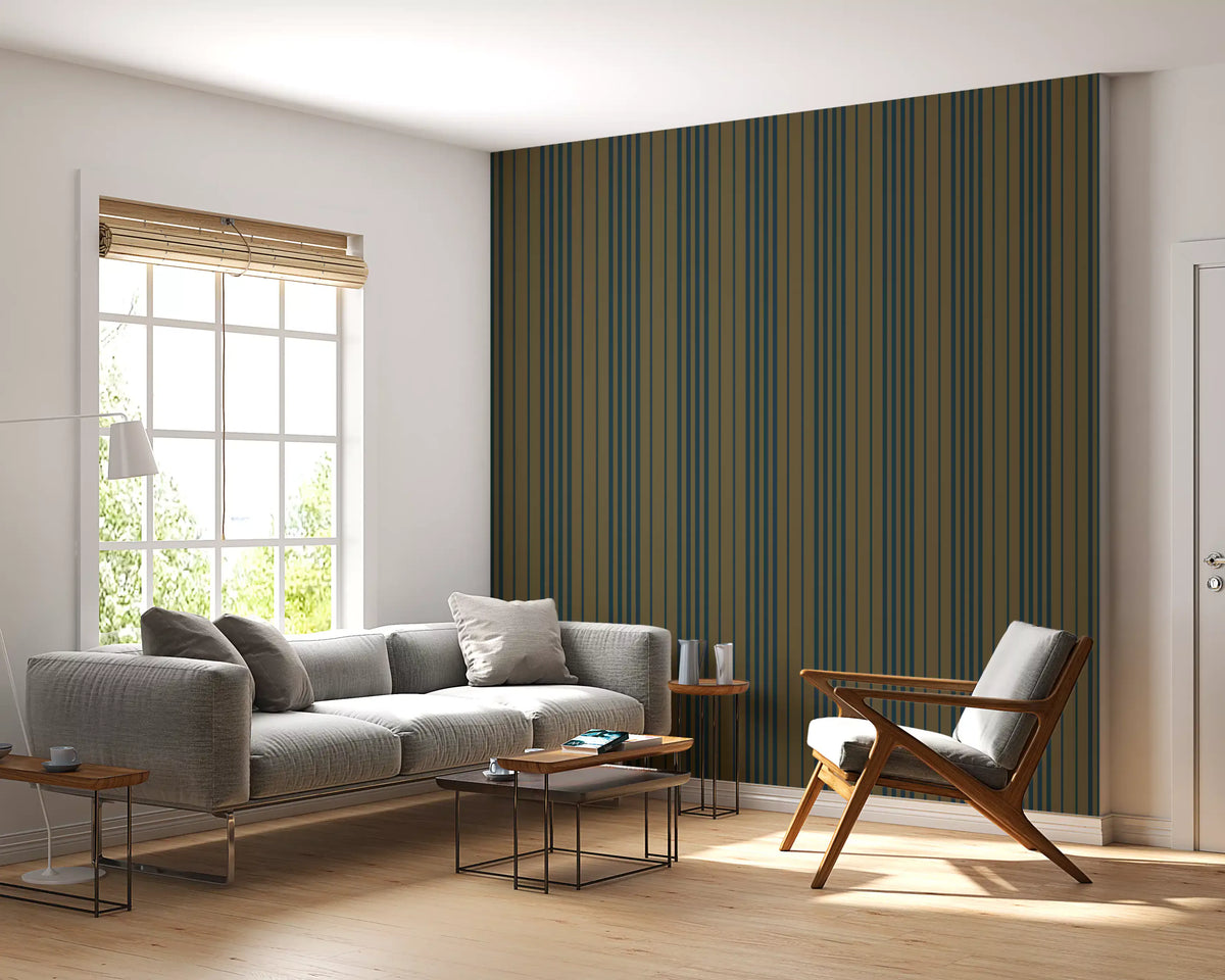 Modern striped wallpaper in a living room with a grey sofa and wood chair GD12455