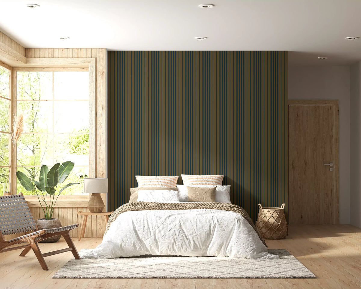 Olive green striped wallpaper on a bedroom feature wall GD12455