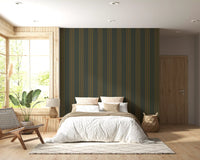 Olive green striped wallpaper on a bedroom feature wall GD12455