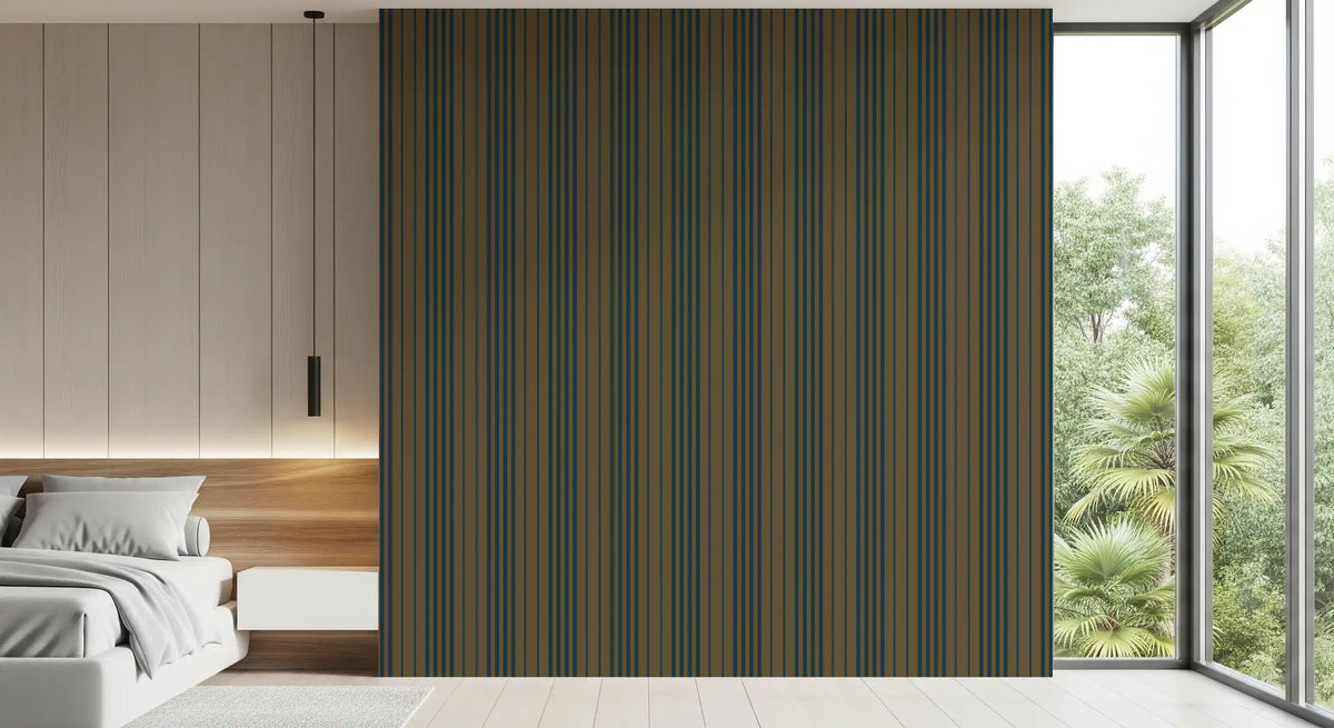 Vertical stripe wallpaper behind a white bed in a bright bedroom GD12455