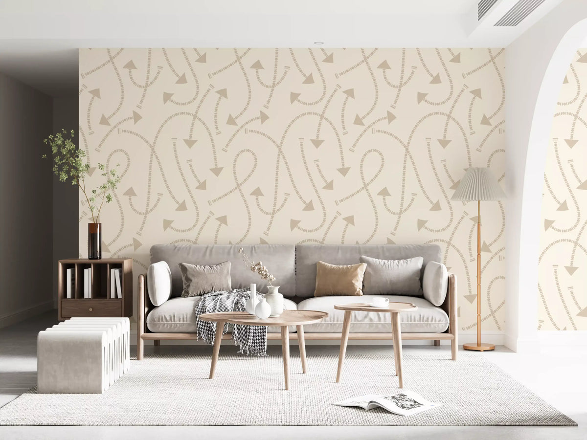 Cream path wallpaper in a living room with an arch and grey sofa GD12457