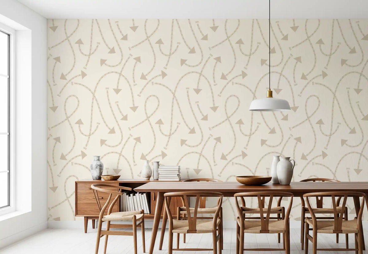 Neutral geometric wallpaper in a dining room with a wooden table GD12457