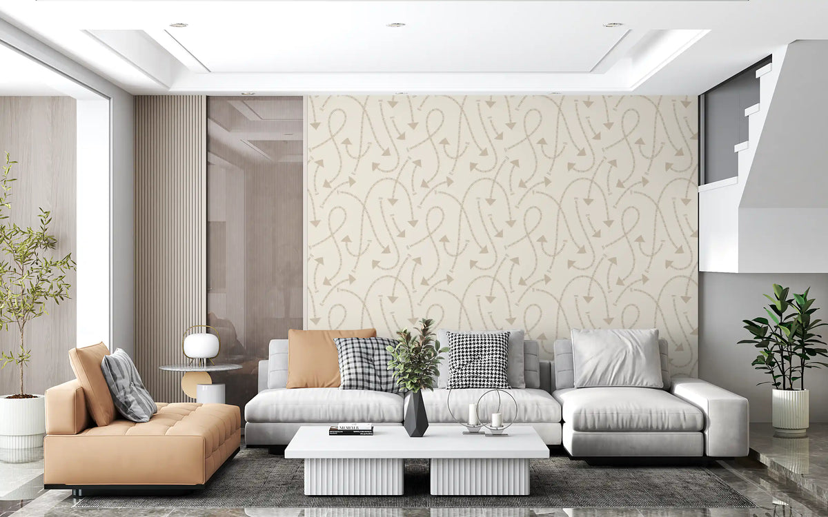 Cream path pattern wallpaper in a modern living room with a grey sofa GD12457