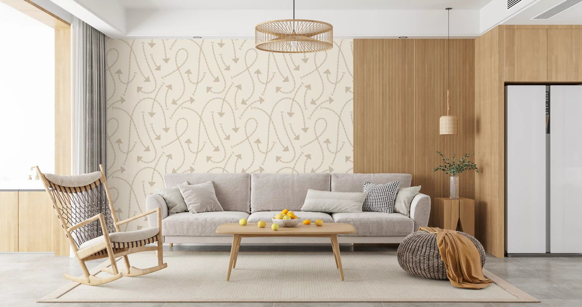 Cream path pattern wallpaper in a living room with a grey sofa and wood units GD12457