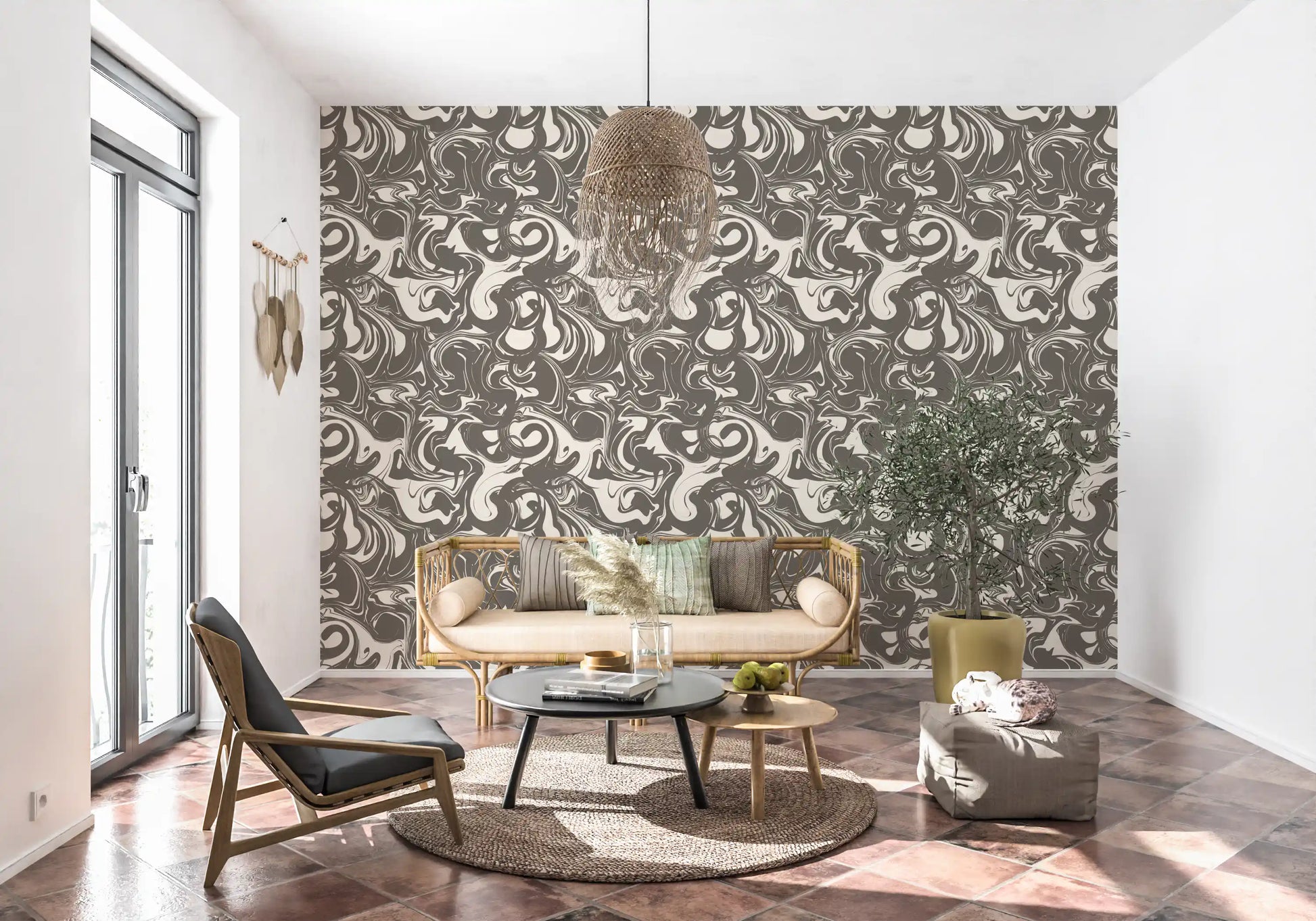 Monochrome Liquid Marble Swirl Wallpaper⁠