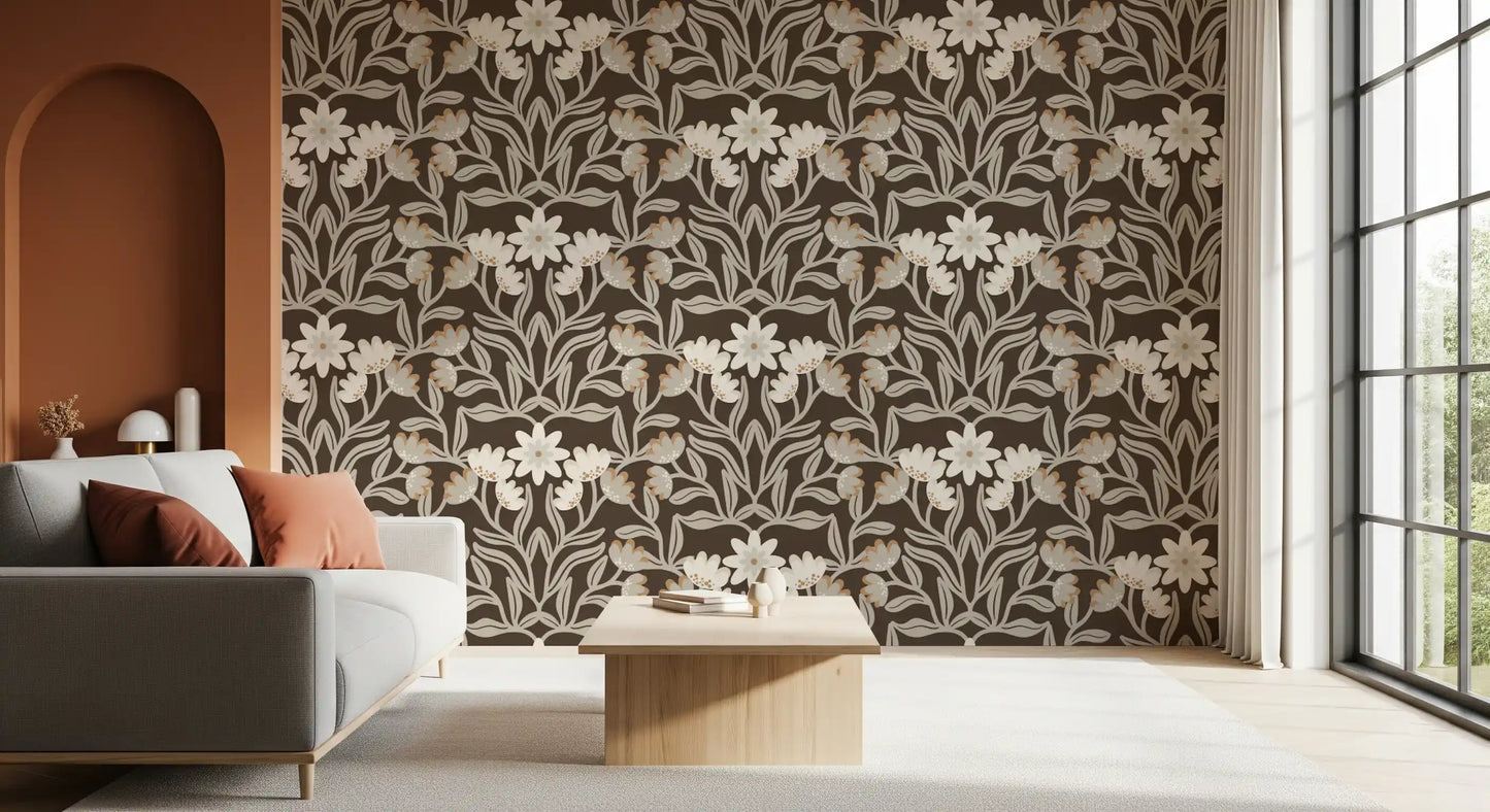 Cream and Mocha Botanical Trellis Wallpaper⁠