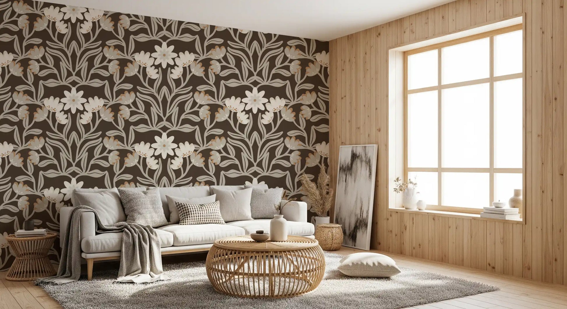 Cream and Mocha Botanical Trellis Wallpaper⁠