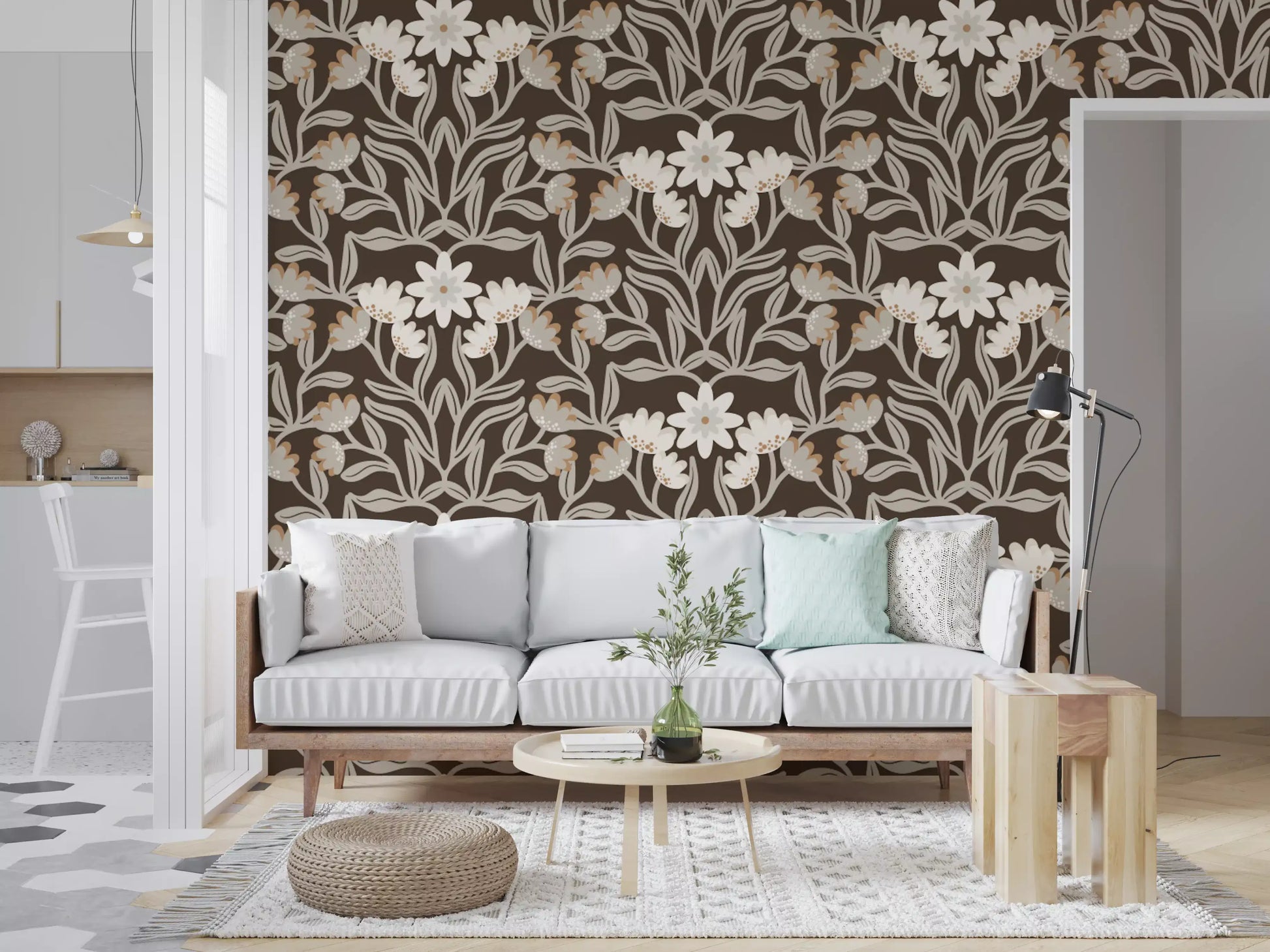 Cream and Mocha Botanical Trellis Wallpaper⁠