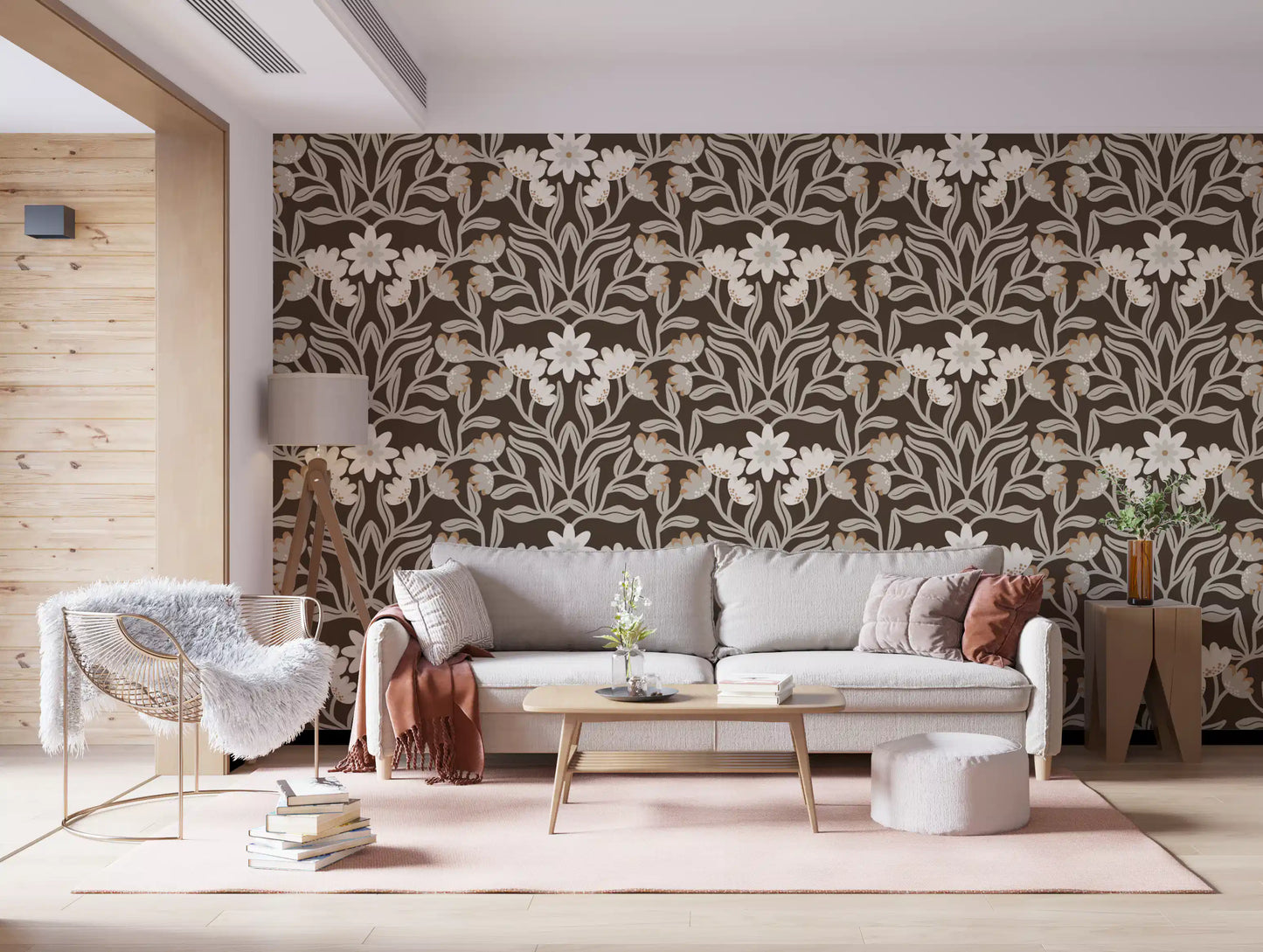 Cream and Mocha Botanical Trellis Wallpaper⁠