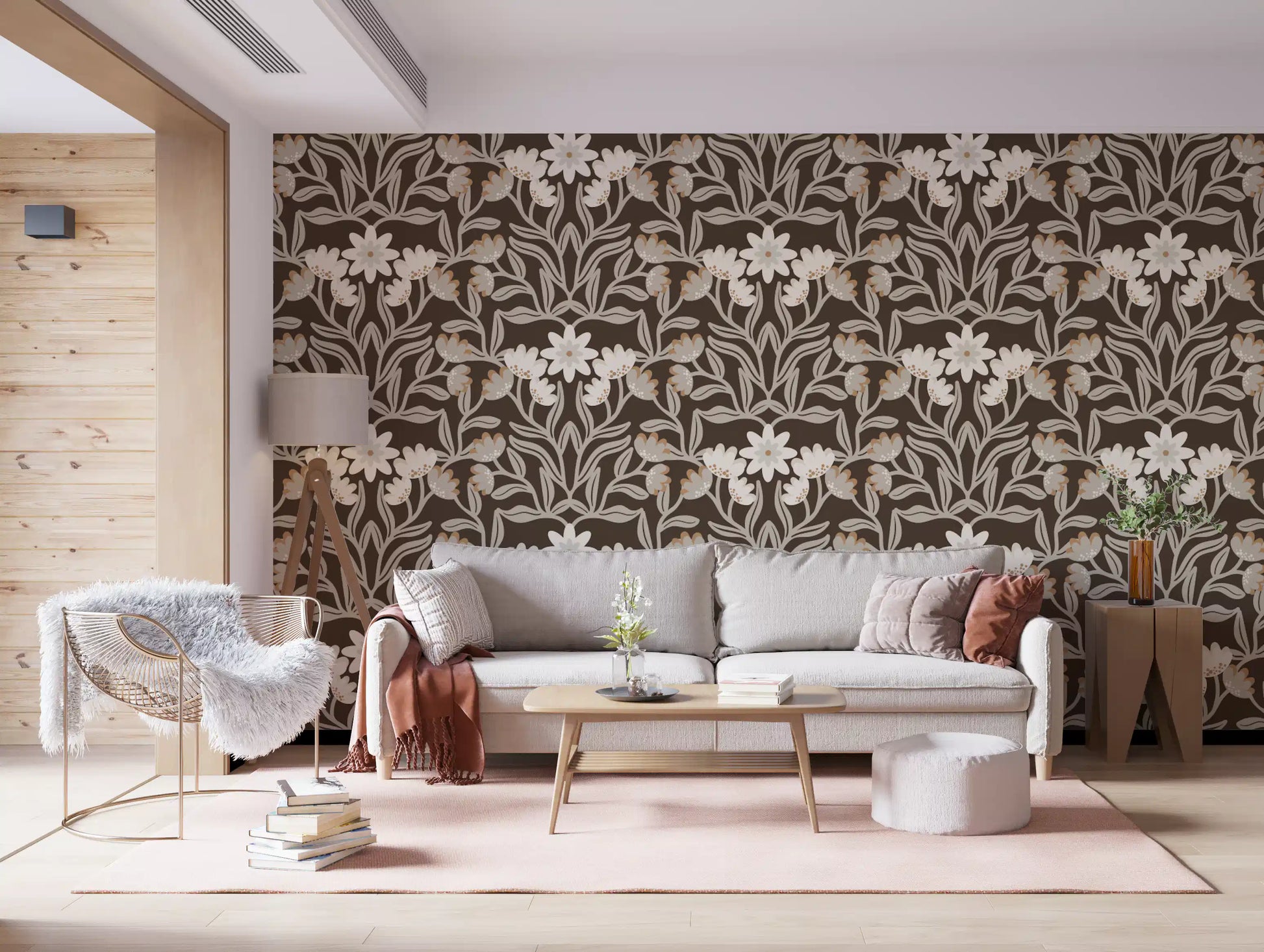 Cream and Mocha Botanical Trellis Wallpaper⁠