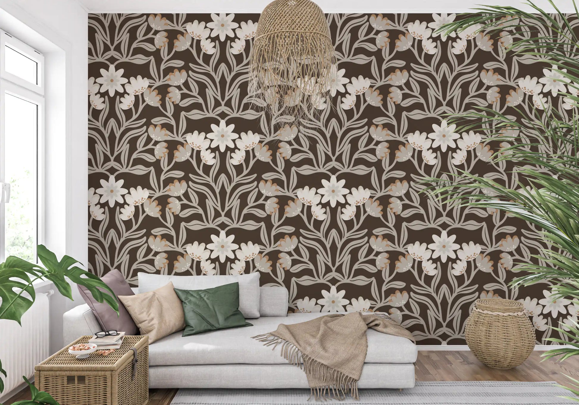 Cream and Mocha Botanical Trellis Wallpaper⁠