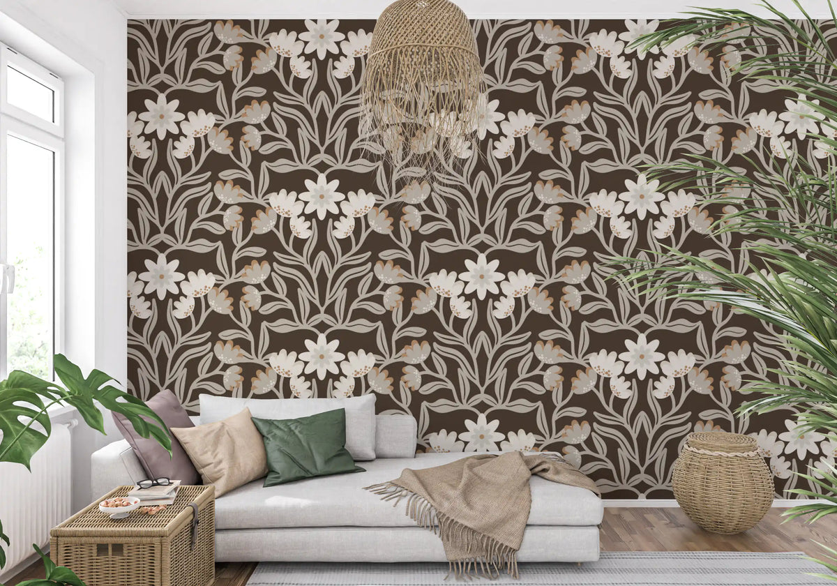 Mocha floral trellis wallpaper in a boho living room with a white sofa GD12459