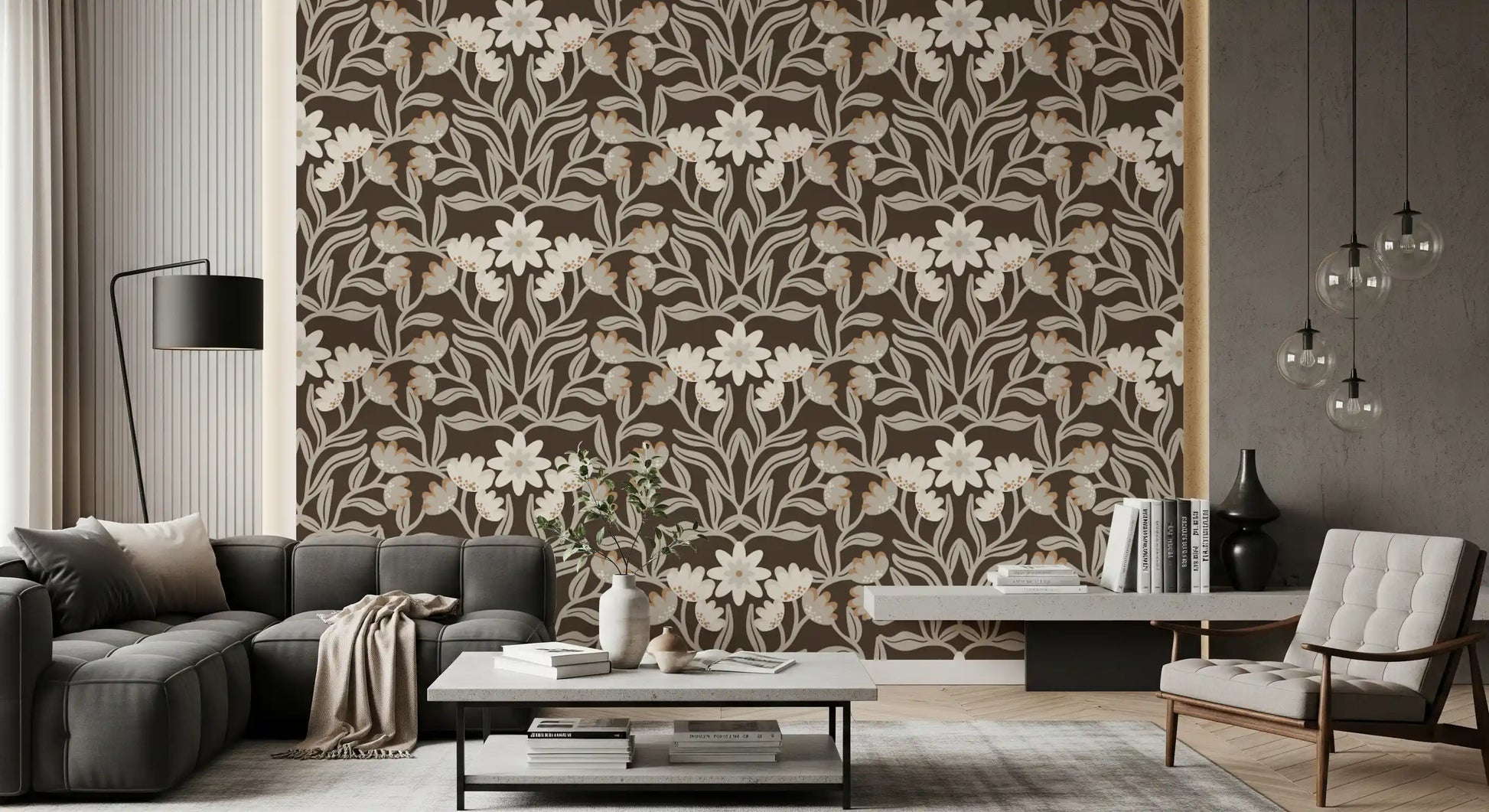 Cream and Mocha Botanical Trellis Wallpaper⁠