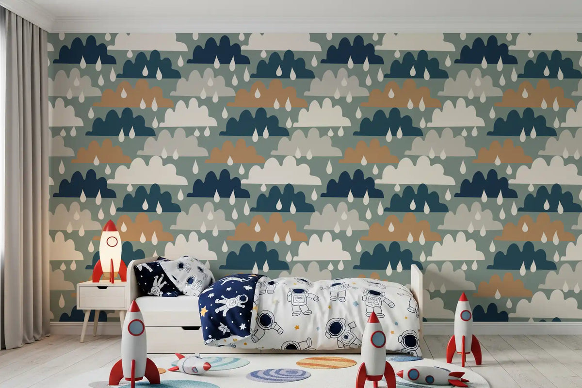 Cloud wallpaper in a boys bedroom with rocket toys GD12460