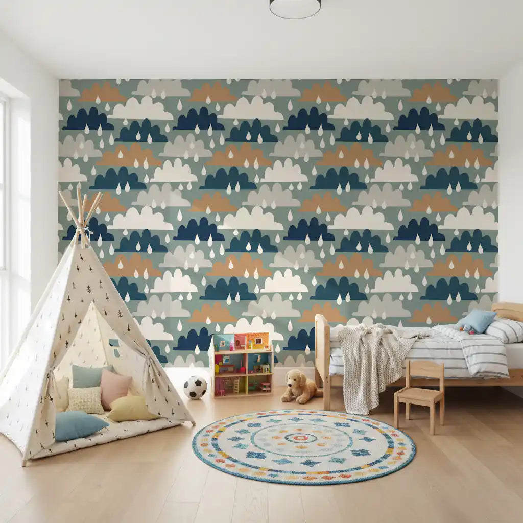 Soft cloud wallpaper on a toddler bedroom wall GD12460