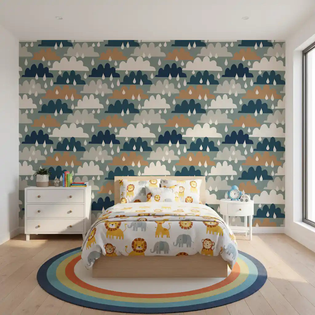 Terracotta and navy cloud wallpaper in a playful kids room GD12460