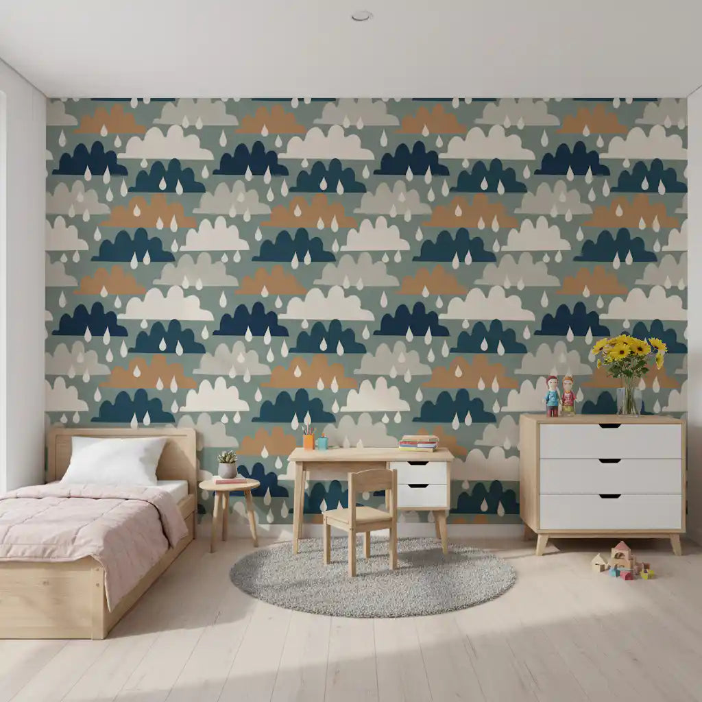 Whimsical cloud wallpaper on a nursery feature wall GD12460