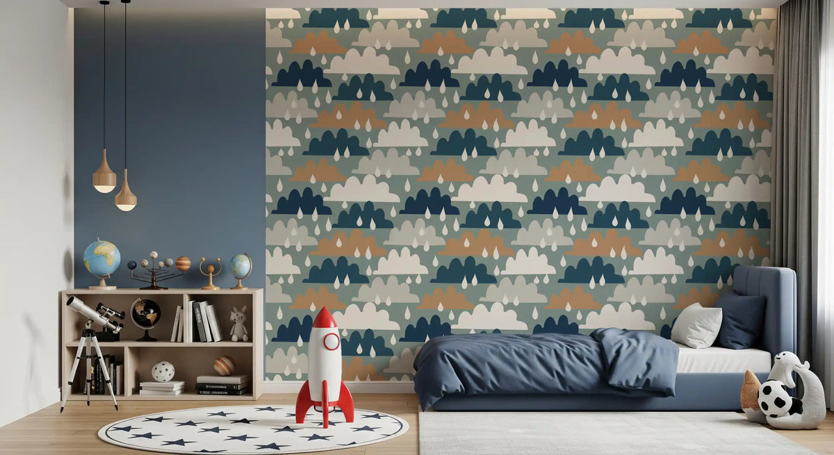 Rainy day cloud wallpaper in a boys room with a telescope and rockets GD12460