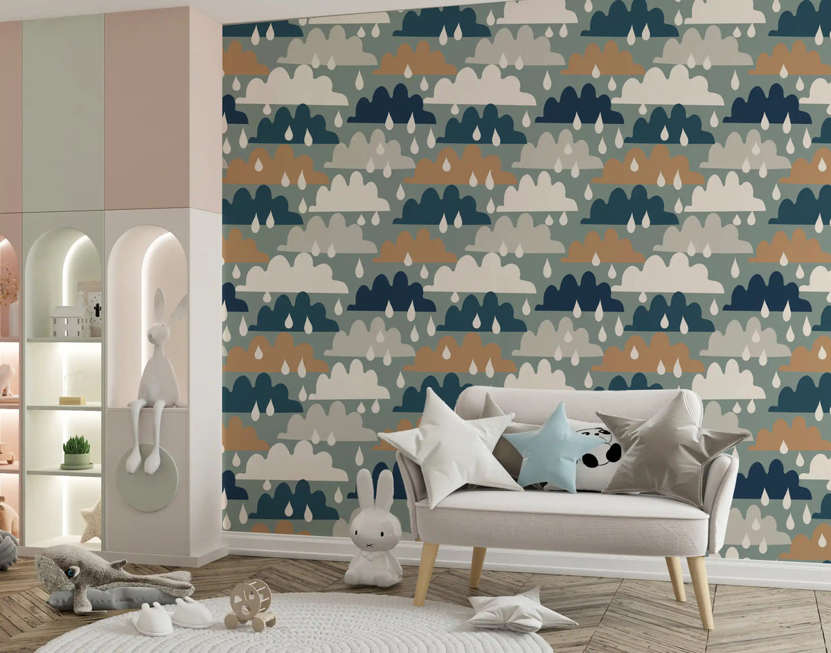 Cloud and raindrop wallpaper in a girls bedroom with a pink bed GD12460