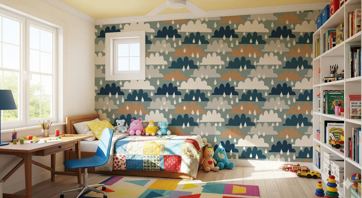 Navy and sage cloud wallpaper in a kids bedroom with bookshelves GD12460