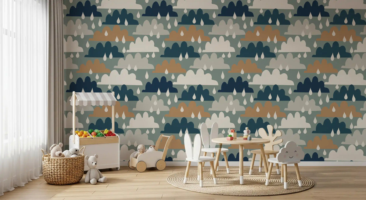 Rainy day clouds wallpaper in a toddler playroom with a play shop GD12460