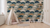 Cloud and raindrop wallpaper in a nursery with a teepee and soft toys GD12460